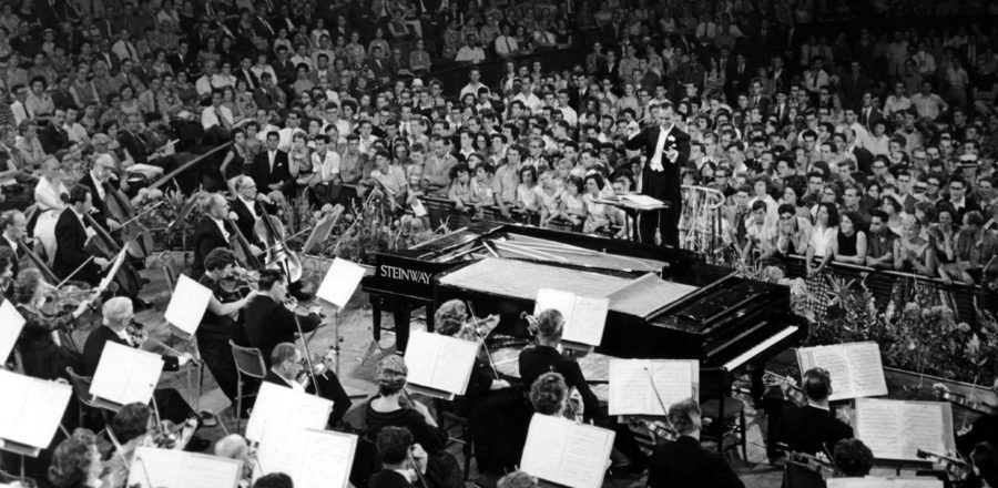 Sir Malcolm Sargent, English conductor, conducting the BBC Symphony Orchestra, concert in the Royal Albert Hall, London, 25.7.1959,