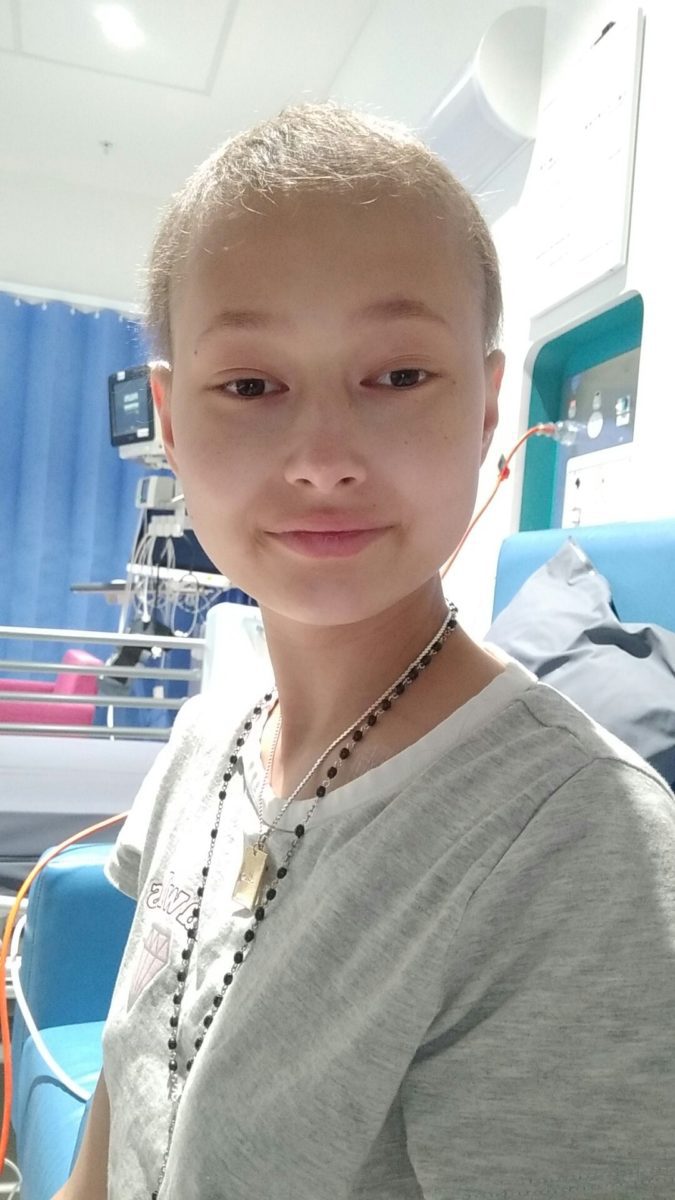 17-year-old Teah is seen here having treatment in hospital for acute lymphoblastic leukaemia. 